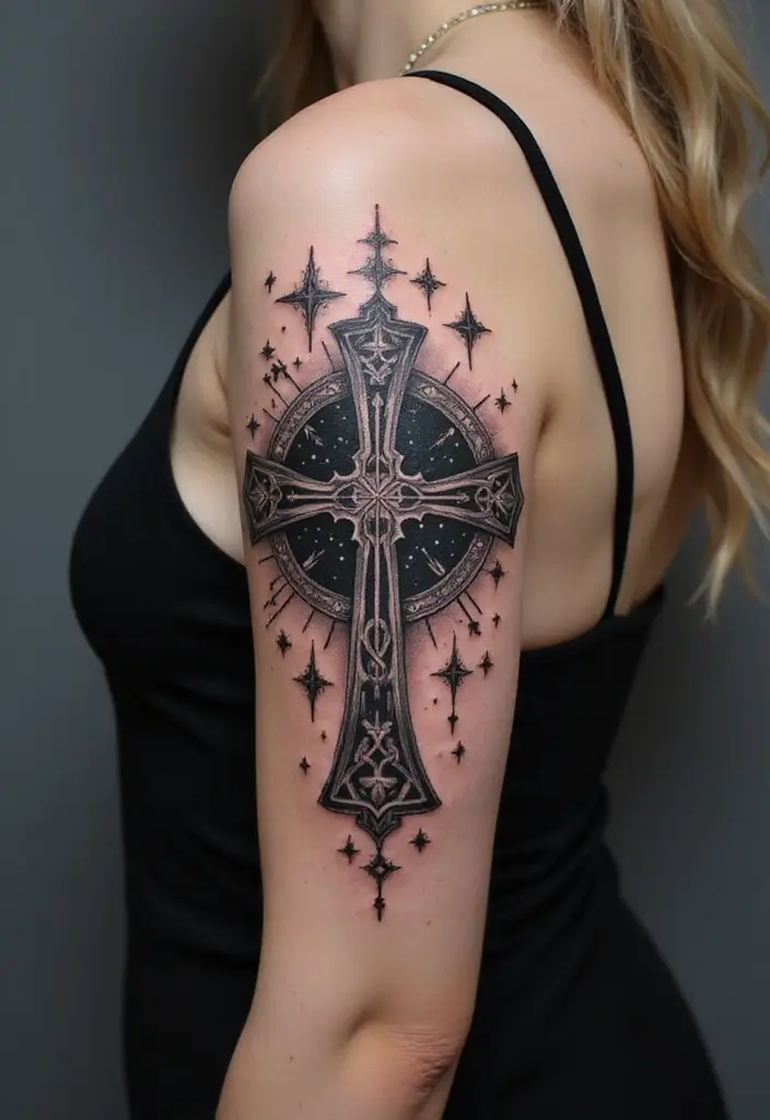 30 Celtic Cross Tattoos with Deep Spiritual Significance - 21. Celtic Cross with Stars