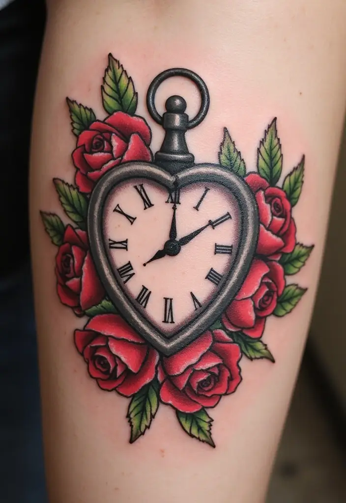 30 Clock and Rose Tattoos That Symbolize Time and Love - 21. Heart-Shaped Clock and Roses