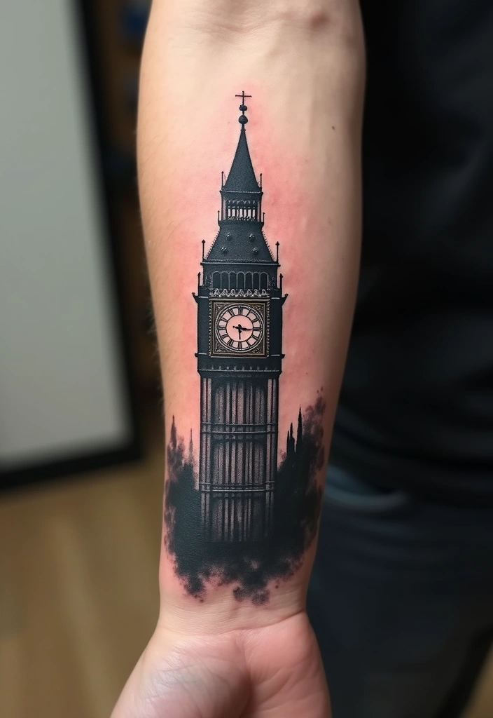 30 Clock Tattoo on Hand Ideas That Stand the Test of Time - 21. Clock Tower Silhouette