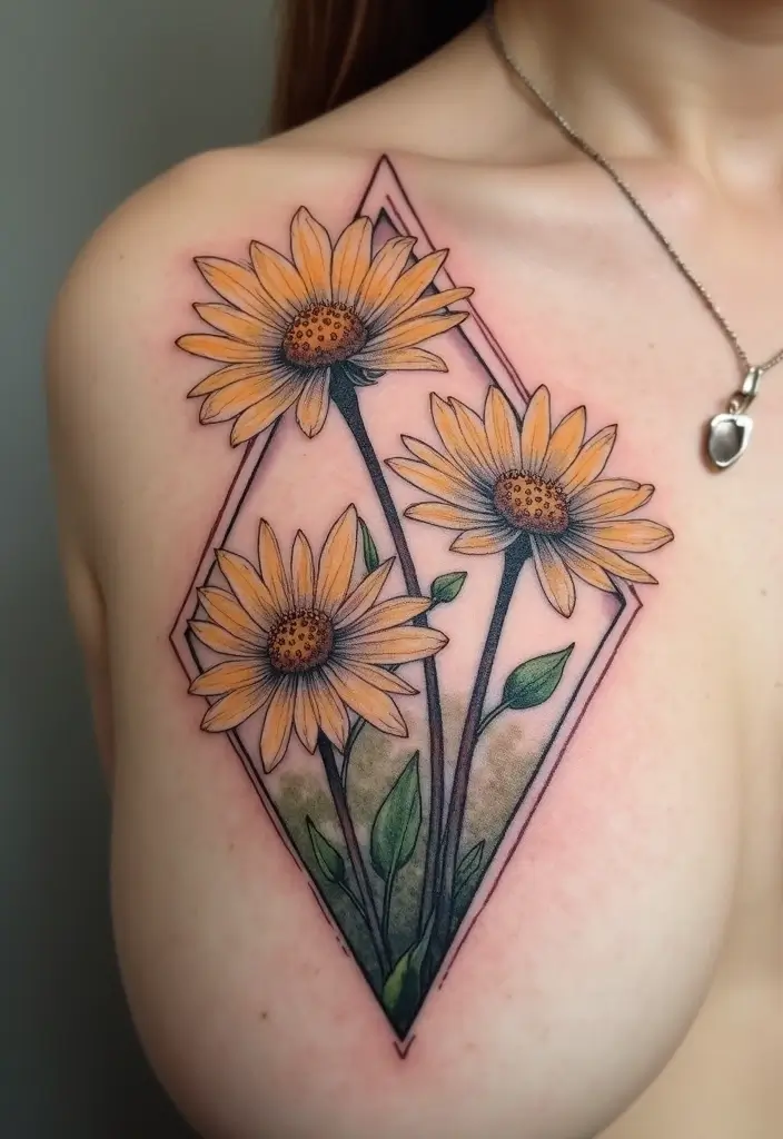 30 Colorful Daisy Tattoo Inspirations Full of Joy - 21. Daisies Encased in Geometric Shapes