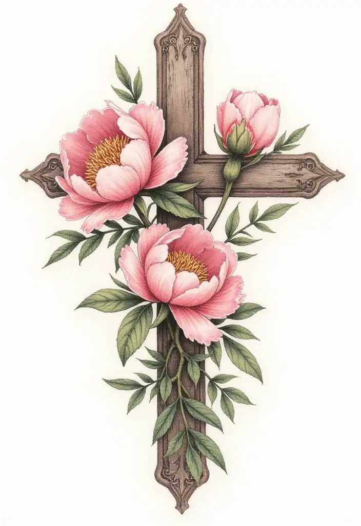30 Cross with Flowers Tattoo Ideas That Blend Faith and Beauty - 21. Cross with Peony Flowers