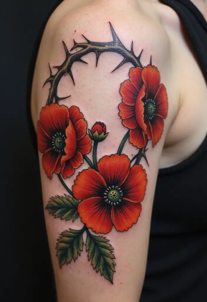 30 Crown of Thorns Bicep Tattoo Inspirations You’ll Admire - 21. Poppy Thorns