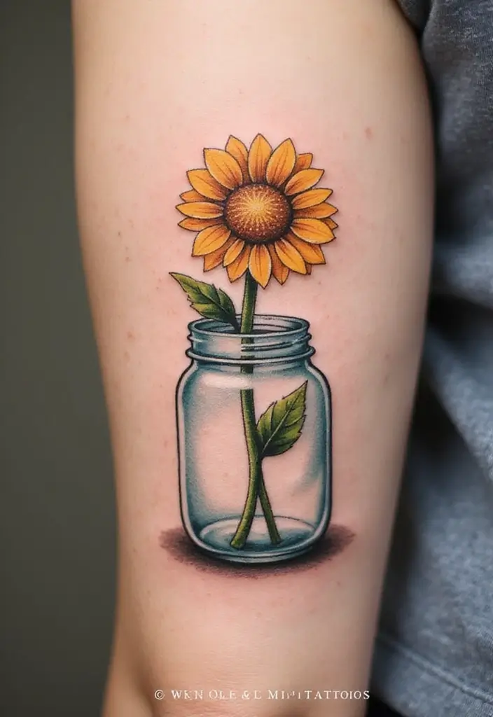 30 Daisy April Birth Flower Tattoo Designs You’ll Love - 21. Daisy in a Jar