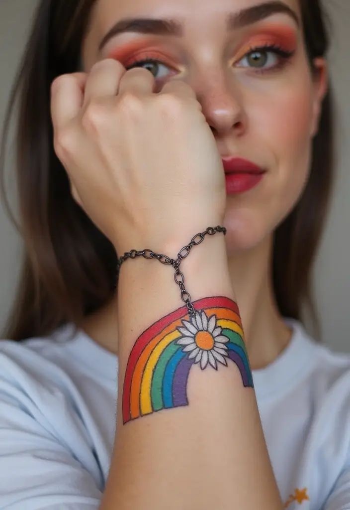 30 Daisy Chain Tattoo Inspirations for a Delicate Look - 21. Daisy Chain with a Rainbow