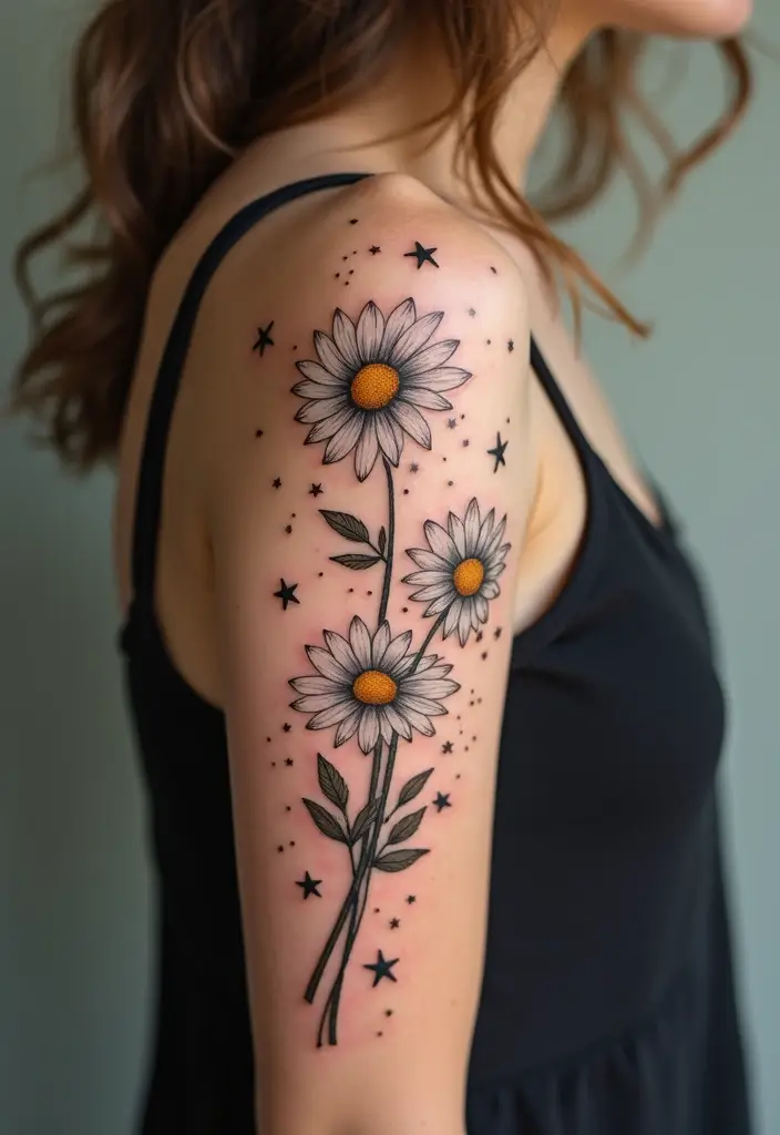30 Daisy Tattoo Ideas for a Fresh and Delicate Design - 21. Daisies with Stars