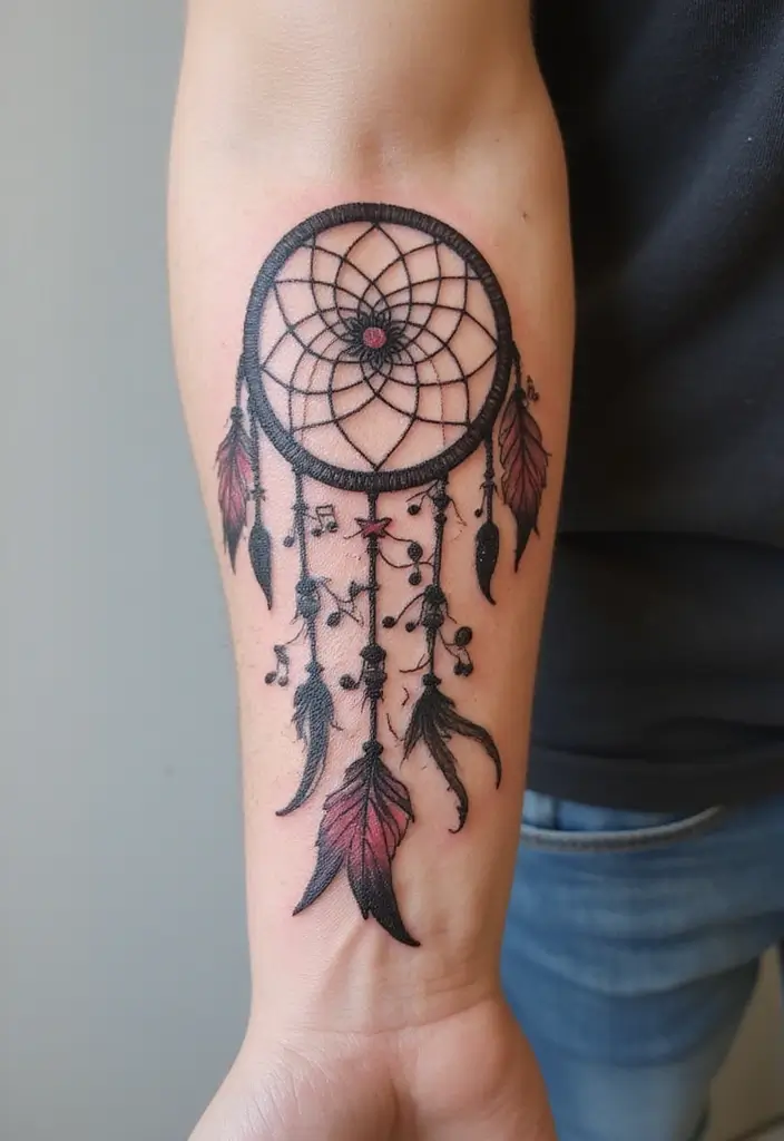 30 Dream Catcher Tattoo Ideas for Men with Protective Energy - 21. Dream Catcher with Music Notes