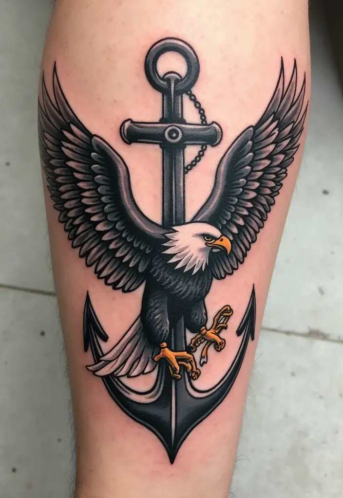 30 Eagle Tattoo Ideas That Represent Power and Courage - 21. Eagle with Anchor