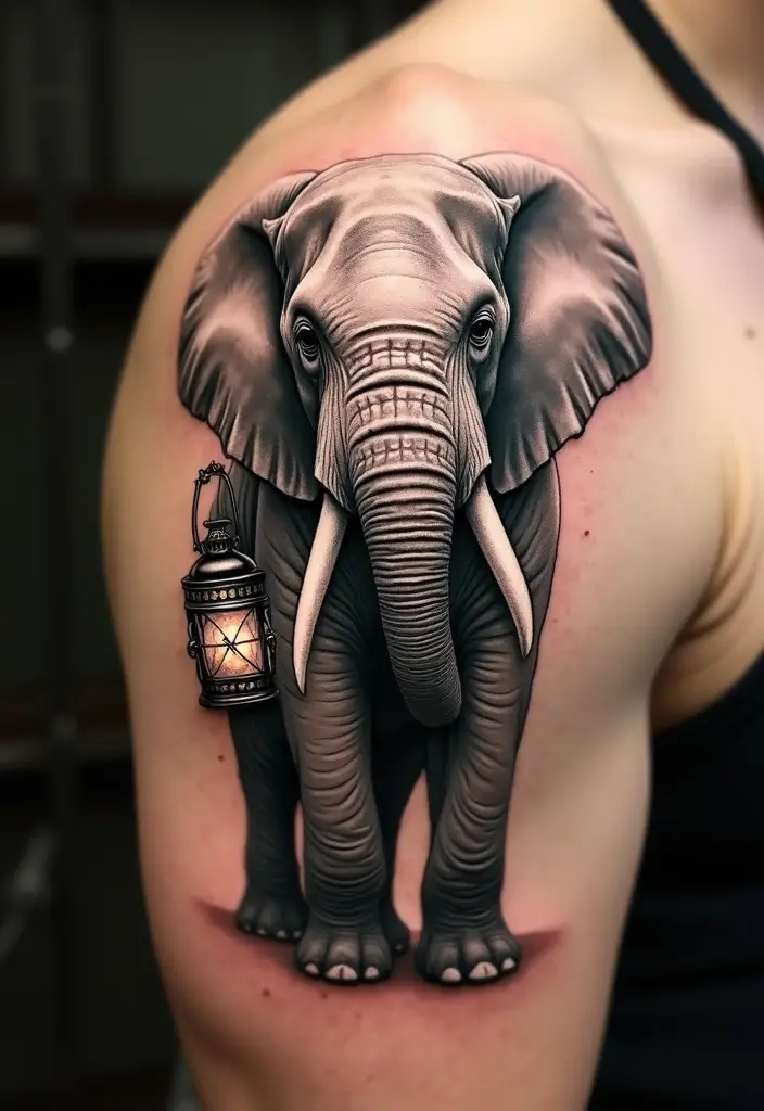 30 Elephant Tattoo Designs That Represent Strength and Wisdom - 21. Elephant with Lantern
