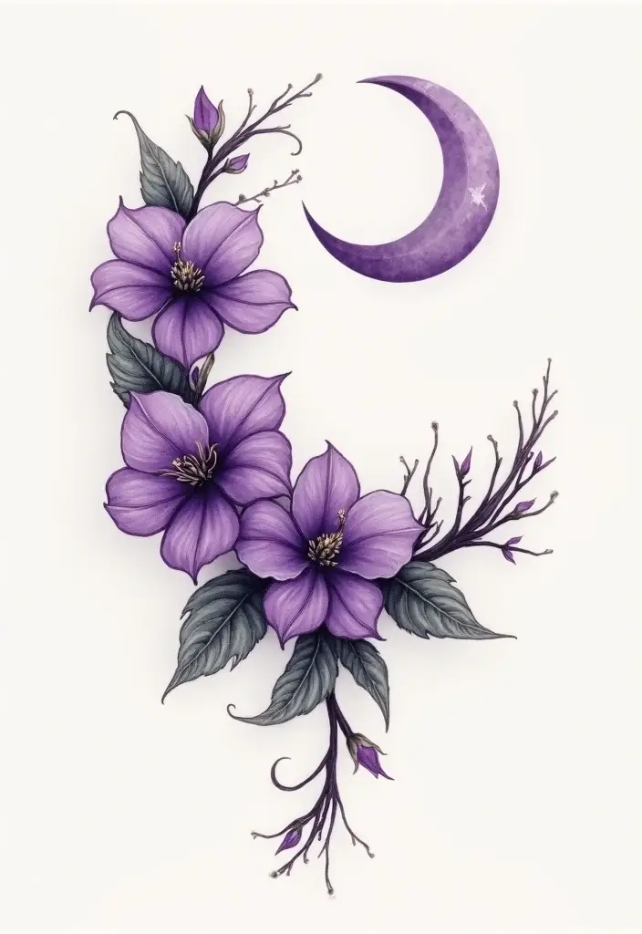 30 February Flower Tattoo Ideas with Birth Month Beauty - 21. Violets with Moon