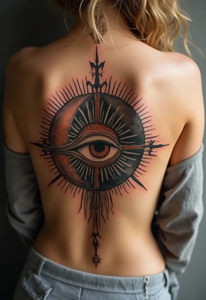 30 Greek Eye Tattoo Meaning and Stunning Design Ideas - 21. Greek Eye with Sun and Moon