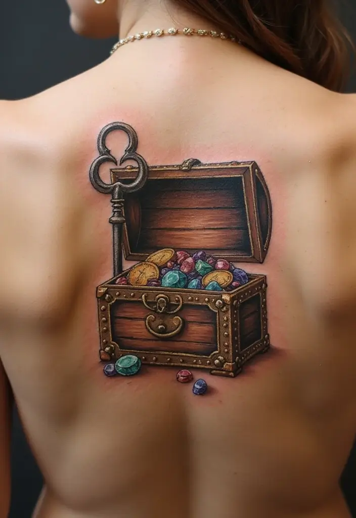 30 Key Lock Tattoo Ideas Symbolizing Love and Mystery - 21. Key Lock with a Treasure Chest