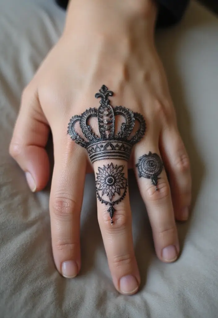 30 King and Queen Tattoos Finger Designs for Couples - 21. Crown Mandala Design