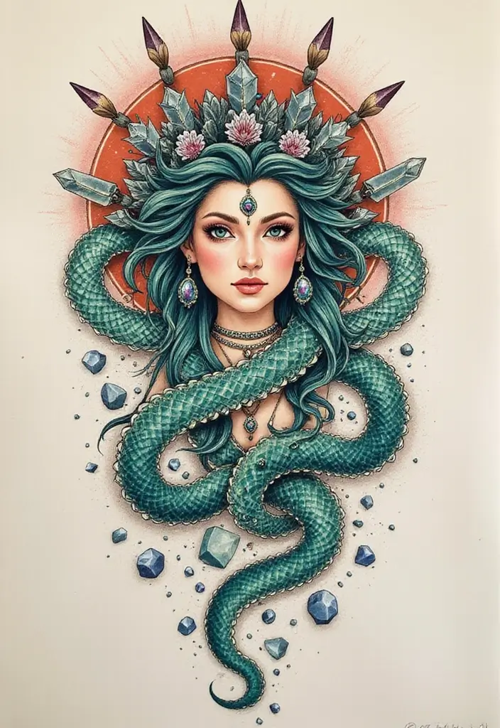 30 Medusa Tattoos for Females with Bold and Fierce Symbolism - 21. Medusa with Crystals