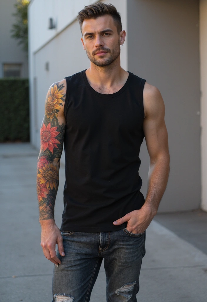 30 Men’s Floral Tattoo Half Sleeve Inspirations - 21. Daring Dahlia