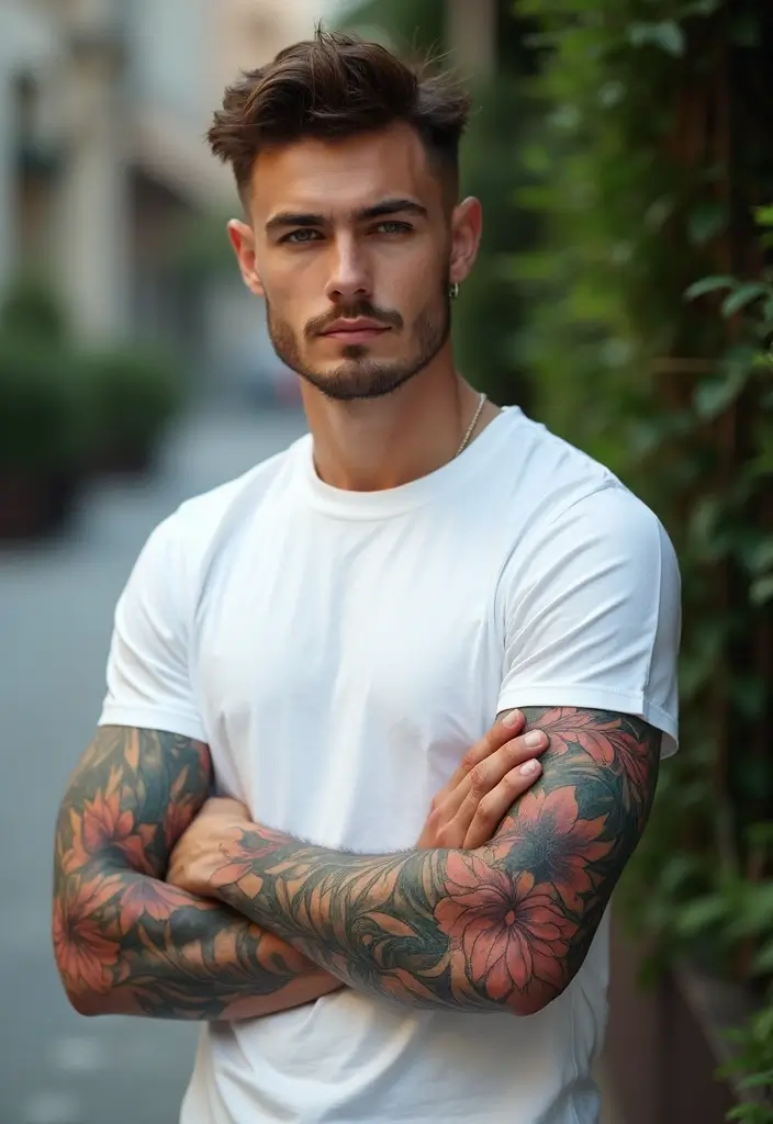 30 Mens Flower Sleeve Tattoo Ideas with Bold Florals - 21. Floral Elements with Abstract Art