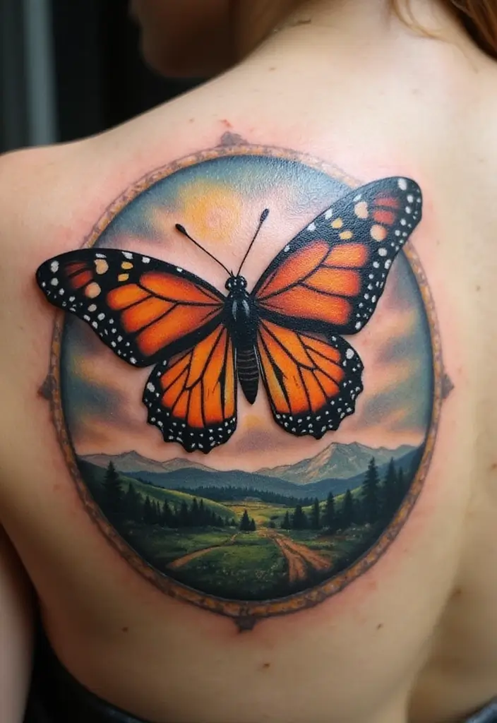 30 Monarch Butterfly Tattoo Designs with Deep Symbolism - 21. Monarch Butterfly and Scenic Landscape