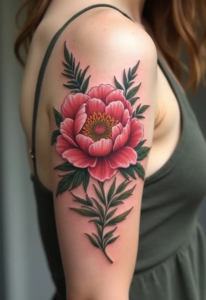 30 Peony Tattoo Ideas with Meaning and Elegance - 21. Peony and Ferns