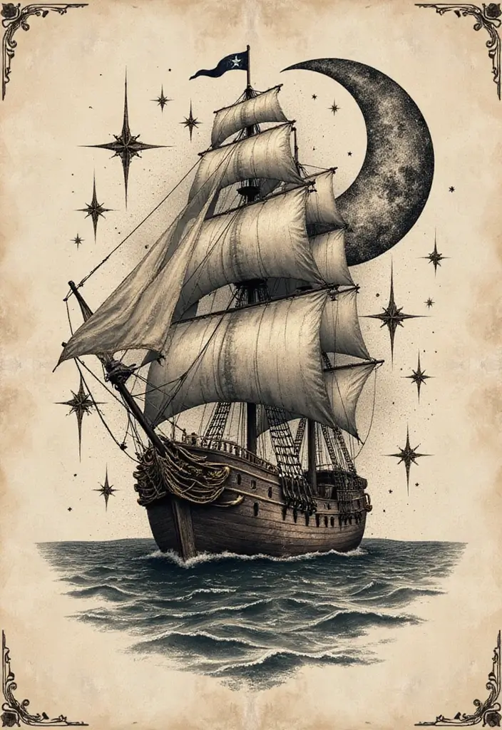30 Pirate Ship Tattoo Designs for Ocean Lovers - 21. Pirate Ship with Celestial Elements