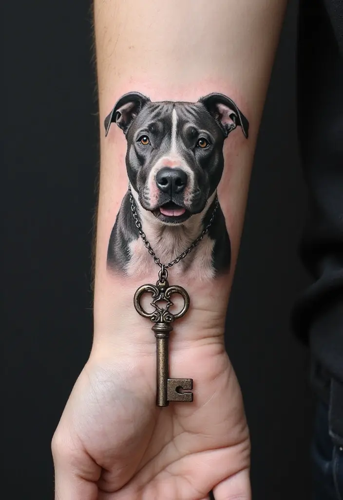 30 Pitbull Tattoo Designs Celebrating Strength and Loyalty - 21. Pitbull and Key