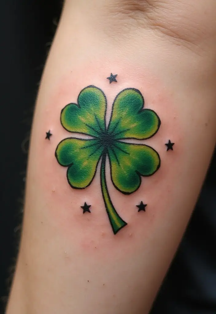 30 Realistic Four Leaf Clover Tattoo Inspirations for Luck - 21. Clovers with Stars