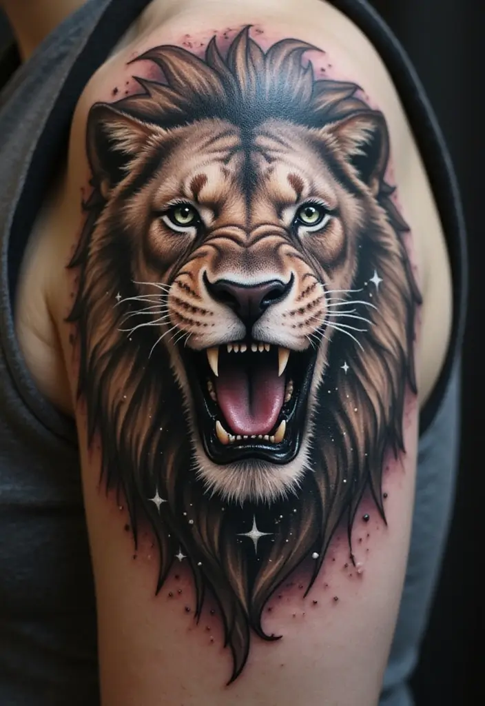 30 Roar Lion Tattoo Inspirations That Show Strength - 21. Lion with Stars: Cosmic Strength