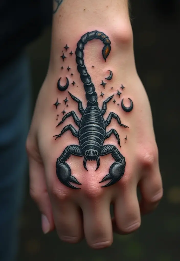 30 Scorpion Tattoo on Hand Meaning and Bold Designs - 21. Scorpion Tattoos with Celestial Elements: Cosmic Influence