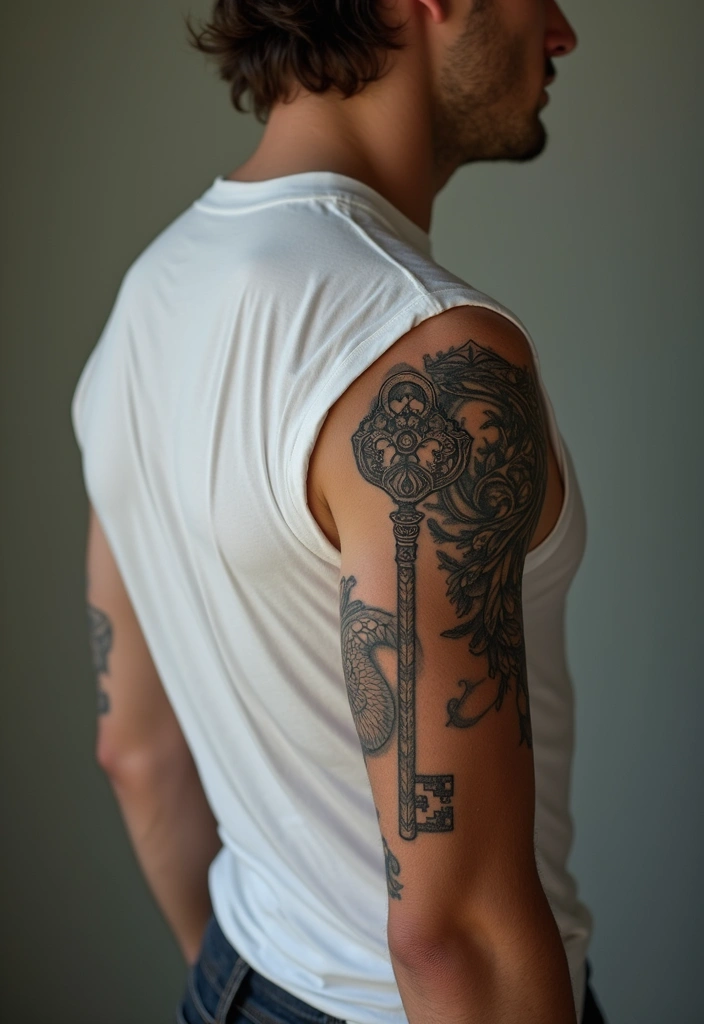 30 Shoulder Tattoos for Men with Meaningful Designs - 21. Key: Unlocking Potential and New Beginnings