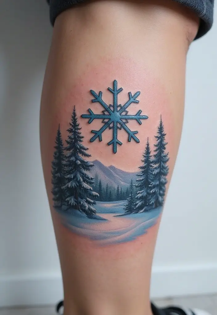30 Snowflake Tattoo Ideas with Delicate and Unique Patterns - 21. Snowflake on a Snowy Landscape