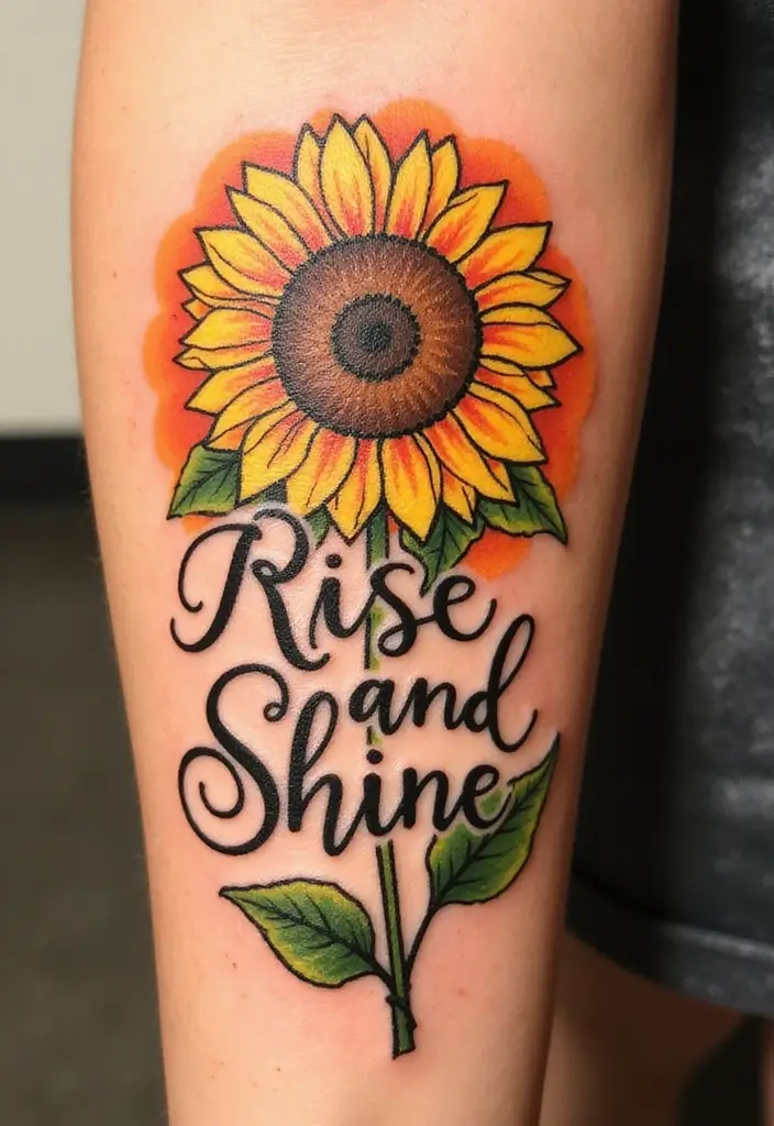 30 Sunflower and Quote Tattoo Ideas Full of Positivity - 21. Sunflower with 'Rise and Shine'