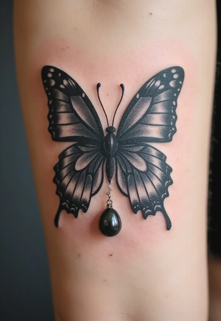 30 Tattoo Black Pearl Ideas to Inspire Your Next Ink - 21. Black Pearl and Butterfly