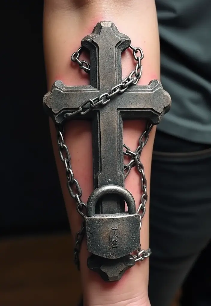 30 Tattoo Cross 3D Designs That Look Realistic - 21. Cross with Chains and Padlock