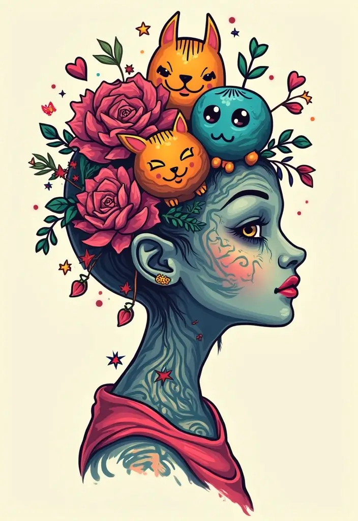 30 Bold Tattoo Head Designs That Stand Out - 21. Whimsical Characters