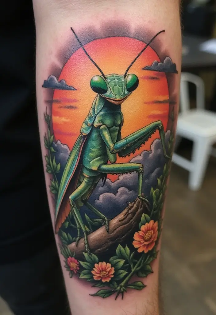 30 Traditional Praying Mantis Tattoo Ideas You’ll Love - 21. Mantis and Nature Scenery