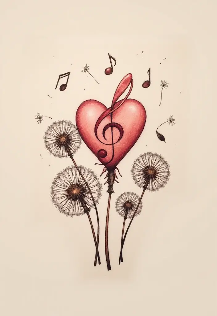 30 Treble Clef and Bass Clef Heart Tattoo Ideas for Music Lovers - 22. Clef Heart with Dandelions