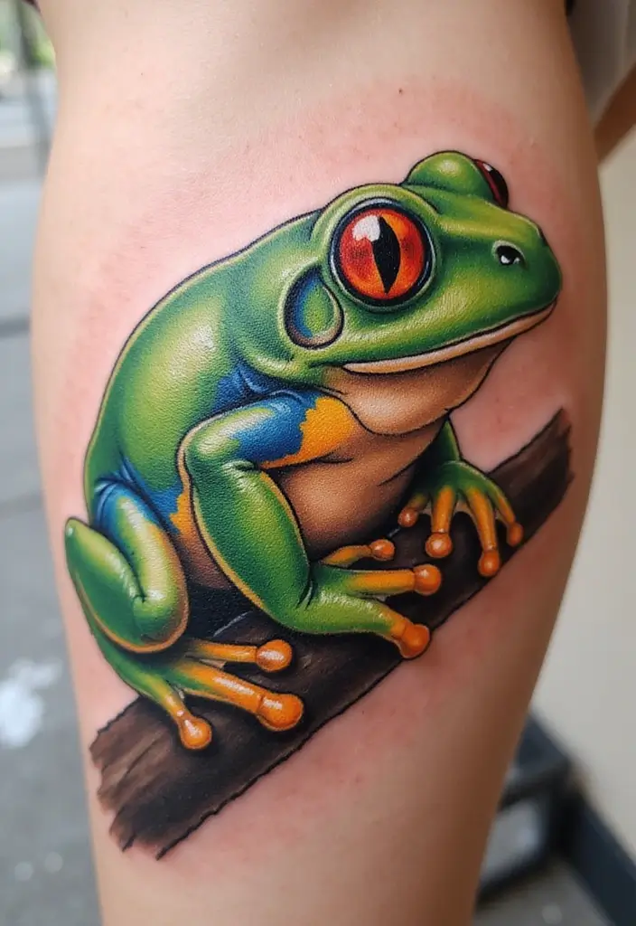 30 Tree Frog Tattoos with Playful and Unique Vibes - 21. Tree Frog on a Branch