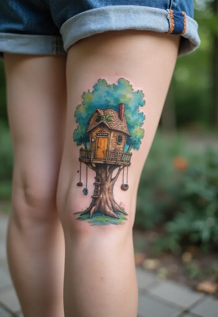 30 Tree Leg Tattoo Designs for Nature-Inspired Ink - 21. Tattoo of a Treehouse