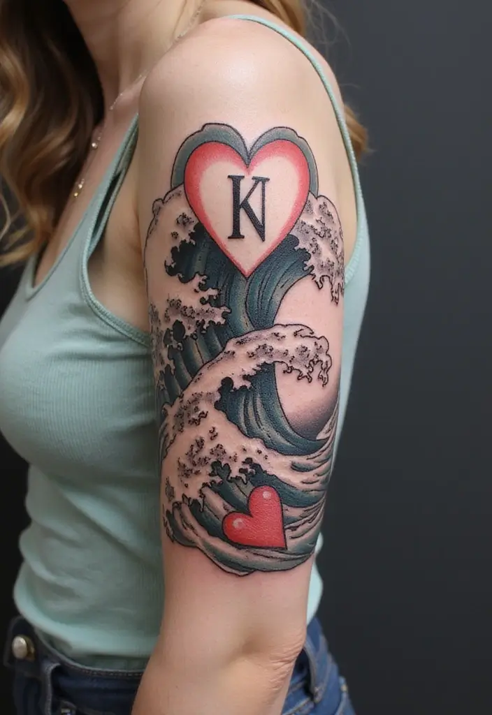 30 Wave Tattoo Sleeve Ideas That Make a Bold Statement - 21. Wave Motif with Personal Symbols