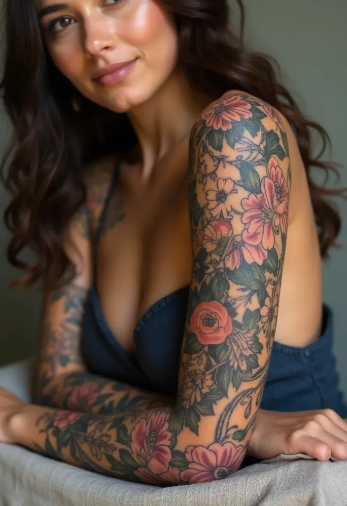 30 Women’s Feminine Arm Tattoos That Look Stylish - 21. Layered Floral Tattoos