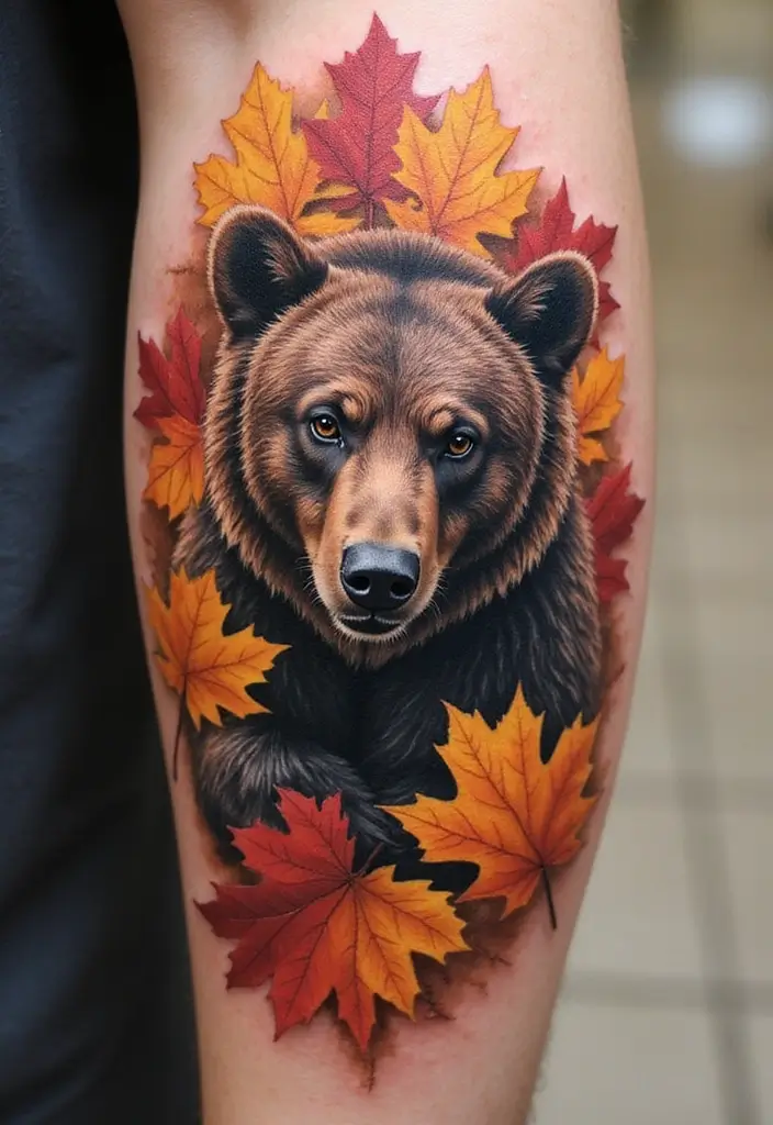 30 Bear Shoulder Tattoo Inspirations with Power and Strength - 22. Bear in Autumn Leaves