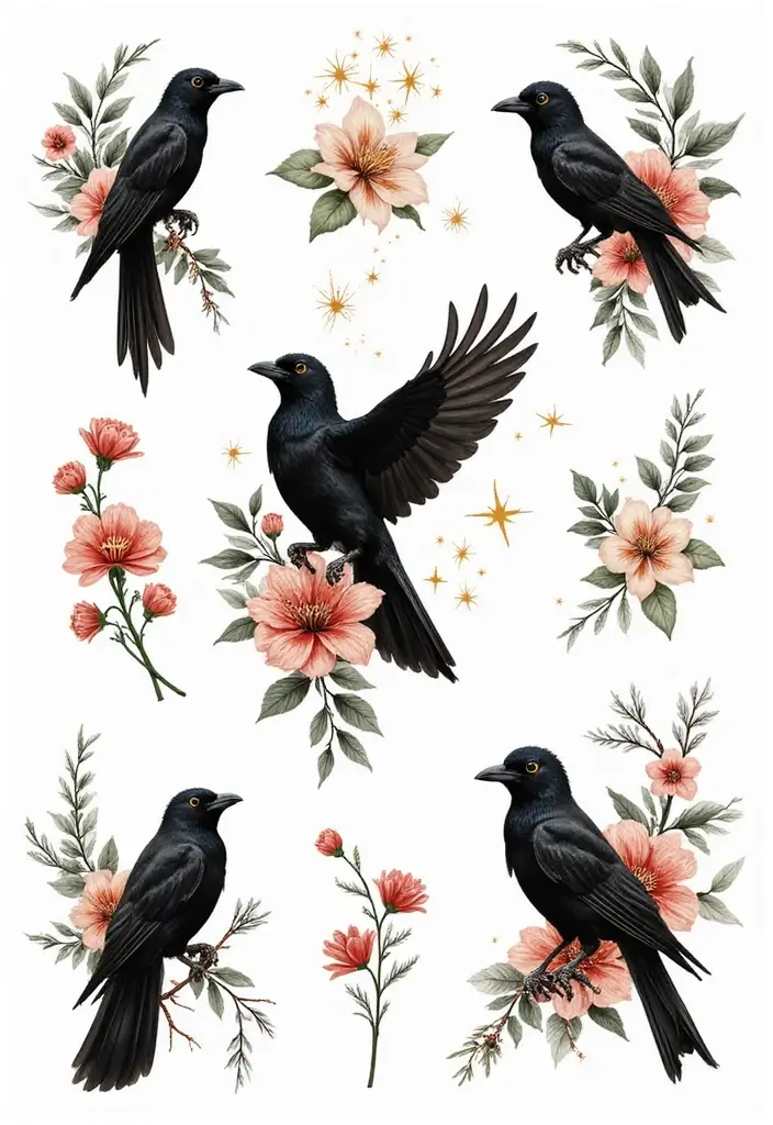 30 Black Bird Tattoo Meaning and Unique Designs - 22. Combining Designs