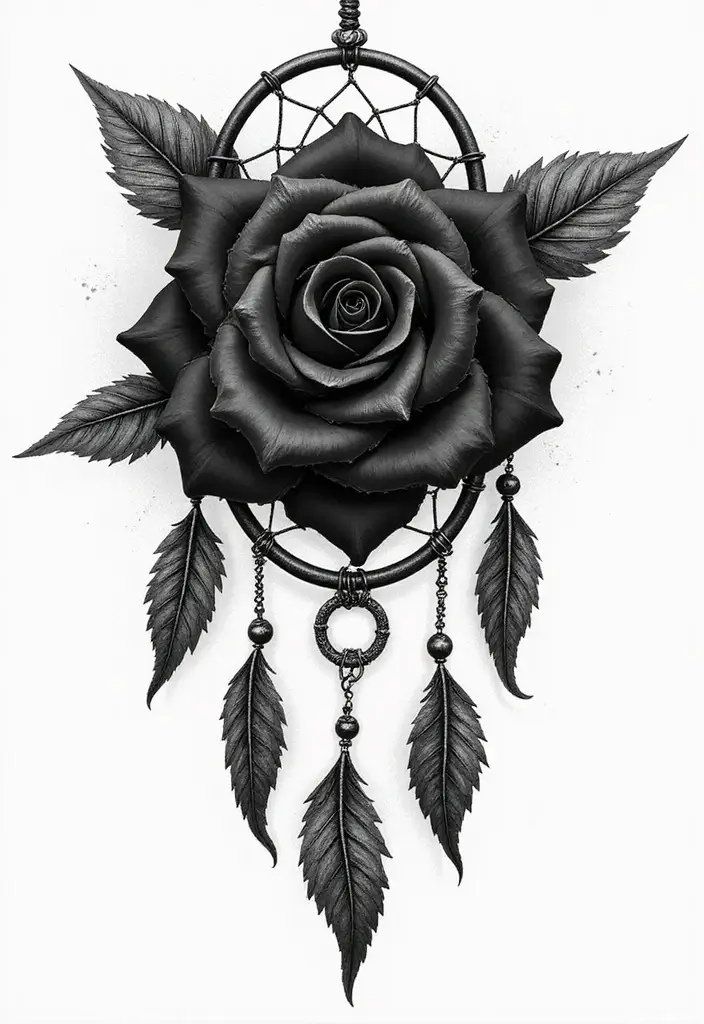 30 Black Rose Tattoo Meaning and Design Inspirations - 22. Black Rose with Dreamcatcher