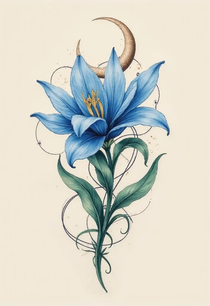 30 Blue Lily Tattoo Designs That Look Elegant - 22. Blue Lily with Crescent Moon