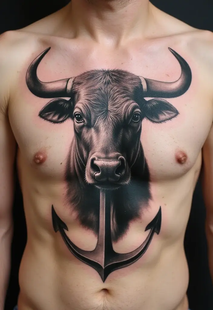 30 Bull Tattoo Chest Ideas Full of Strength - 22. Bull with Anchor
