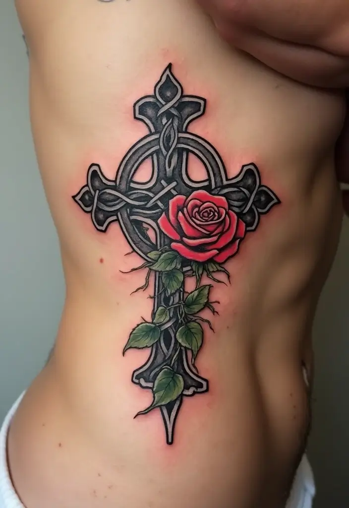 30 Celtic Cross Tattoos with Deep Spiritual Significance - 22. Celtic Cross with a Rose