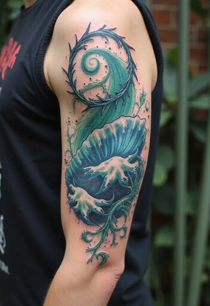 30 Crown of Thorns Bicep Tattoo Inspirations You’ll Admire - 22. Oceanic Elements
