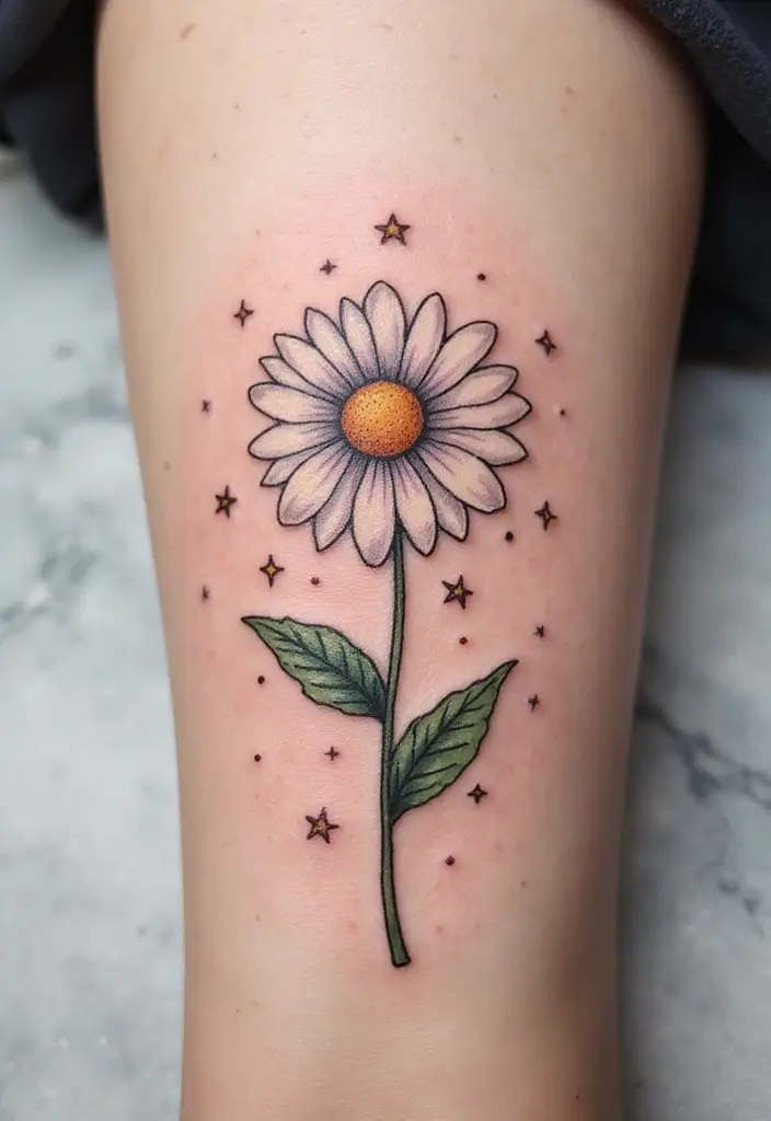 30 Daisy April Birth Flower Tattoo Designs You’ll Love - 22. Daisy with Stars