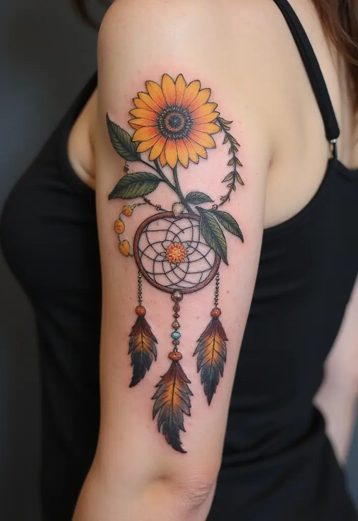 30 Daisy Tattoo Ideas for a Fresh and Delicate Design - 22. Daisies with a Dreamcatcher