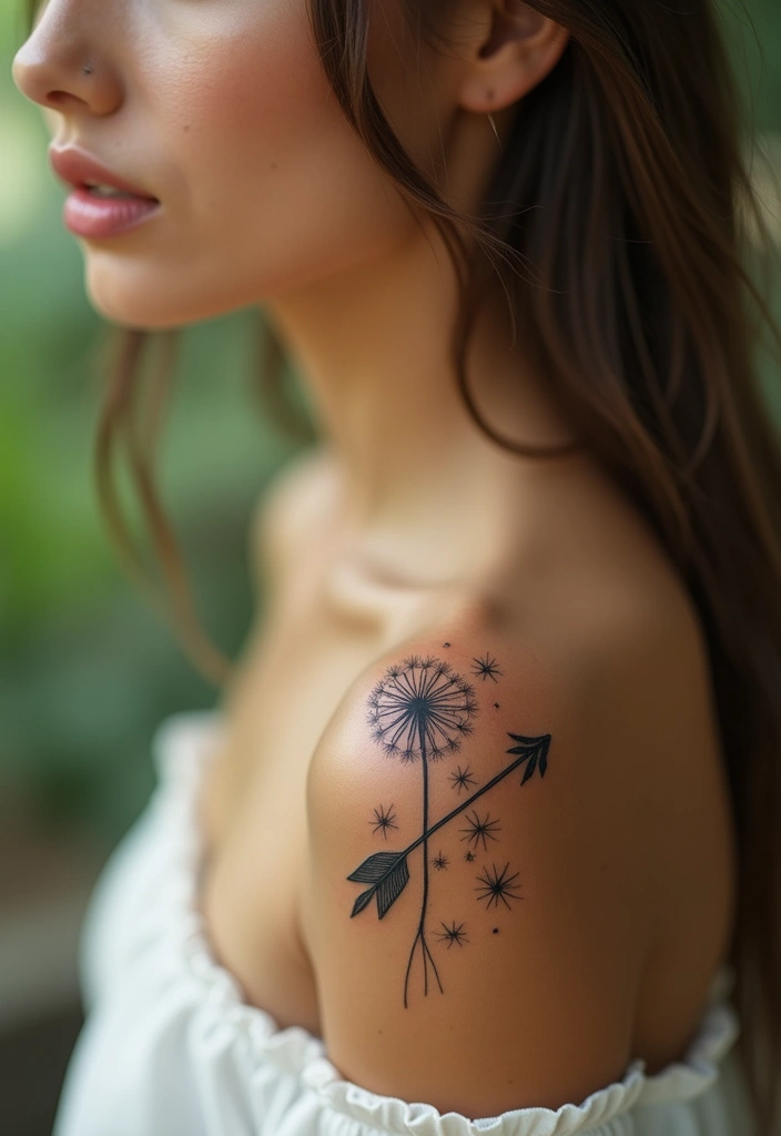 30 Dandelion Tattoo on Shoulder Ideas That Inspire Freedom - 22. Dandelion with an Arrow