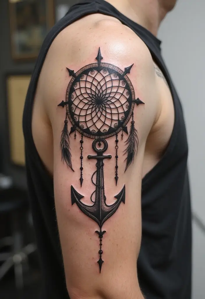 30 Dream Catcher Tattoo Ideas for Men with Protective Energy - 22. Dream Catcher with Anchor