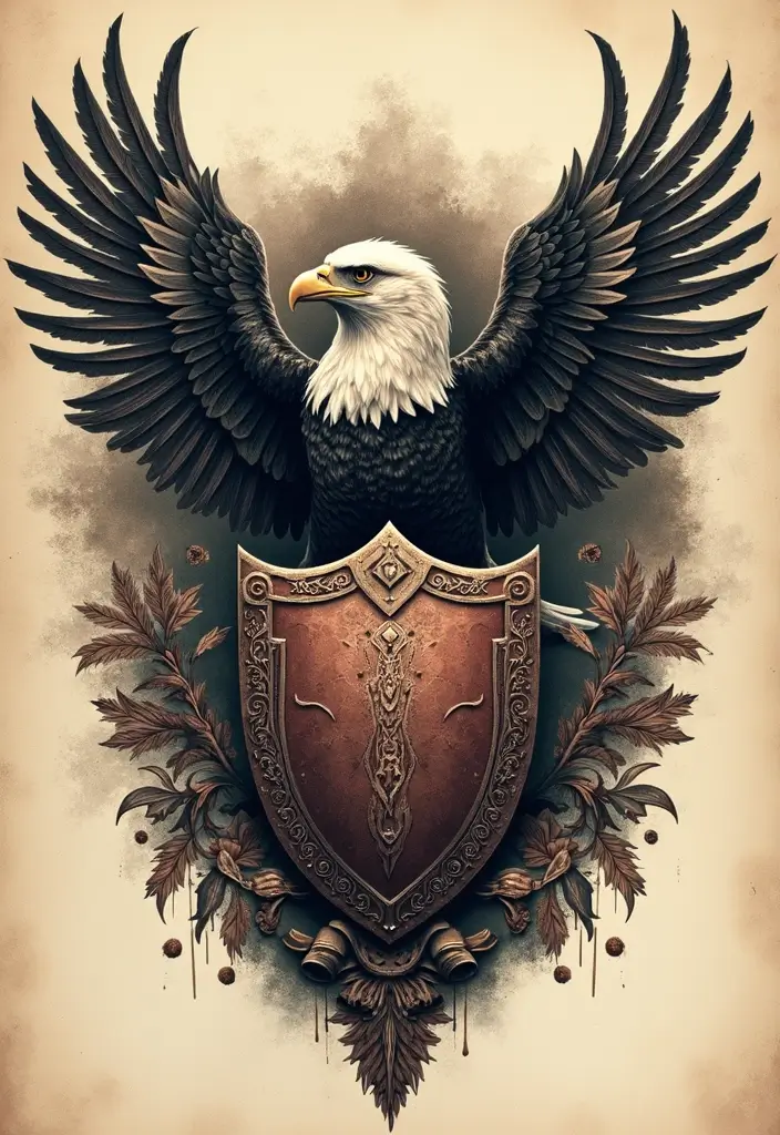 30 Eagle Tattoo Ideas That Represent Power and Courage - 22. Eagle with a Shield